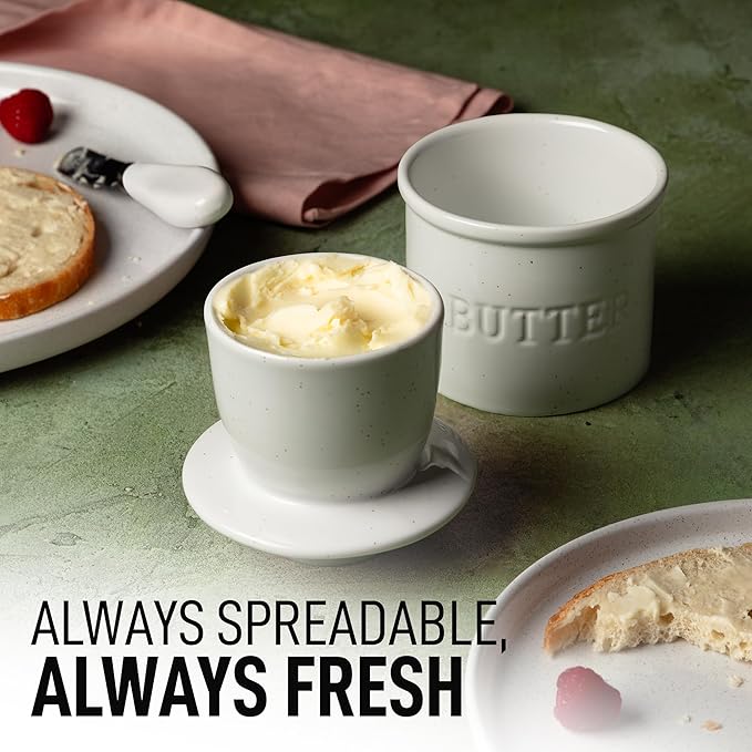 Zulay Kitchen Bell Shaped Butter Crock with Lid for Countertop with Water Line & Spreader Knife, Ceramic French Butter Dish Keeper For Fresh, Soft & Spreadable Butter - Speckled White
