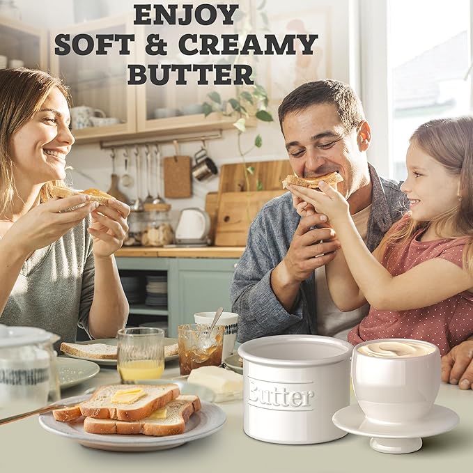 Premium Butter Crock with Lid - Original Design French Butter Dish - Beautiful Ceramic Butter Keeper for Counter with Water Line - Perfect to Keep Butter Soft and Spreadable - White
