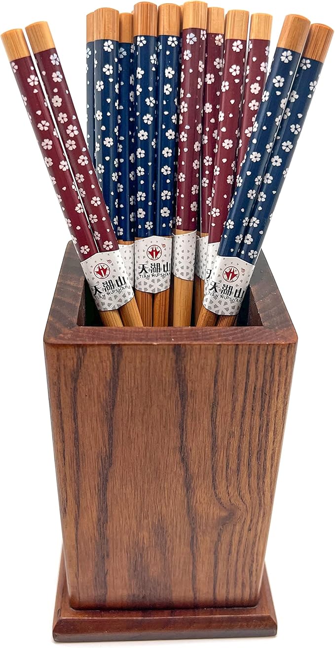 10 Pairs Reusable Bamboo Chopsticks, Falling Sakura Pattern Natural Bamboo Wood Chopsticks, 8.8Inch/22.5cm Polybag packing by LANHUTHS