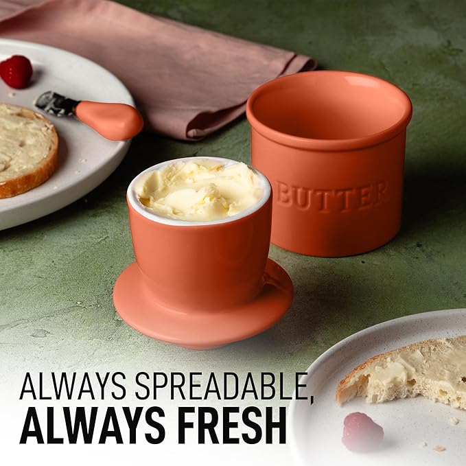 Zulay Kitchen Bell Shaped Butter Crock with Lid for Countertop with Water Line & Spreader Knife, Ceramic French Butter Dish Keeper For Fresh, Soft & Spreadable Butter - Terracotta