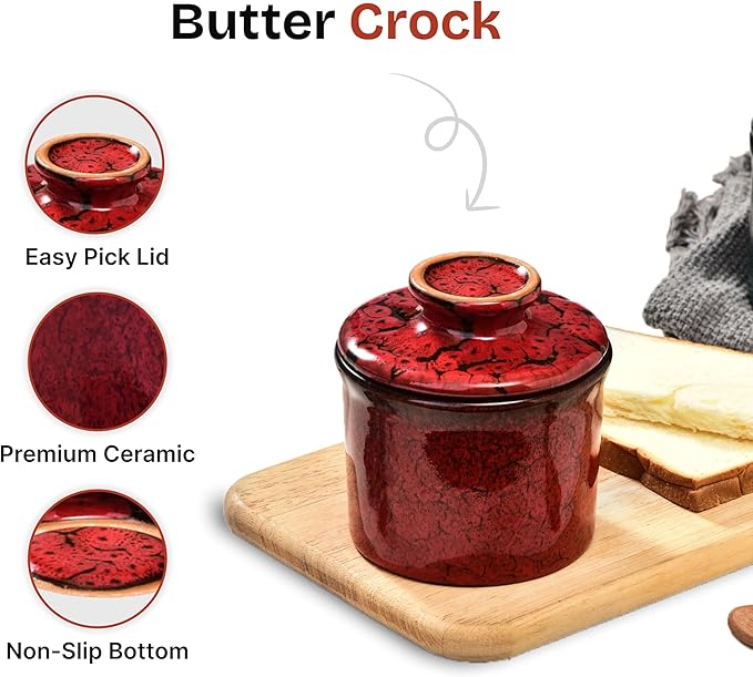 Pottery Butter Crock with Lid, Ceramic Butter Dish with Water Line, Countertop Butter Keeper, Butter Holder for Countertop, Red