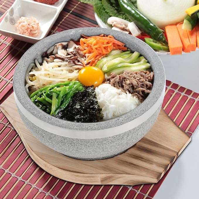 Stone Bowl with Wood Base 14cm Korean Stone Pot for Bibimbap Soup Rice Serving Traditional Asian Soup Bowl for Home Kitchen