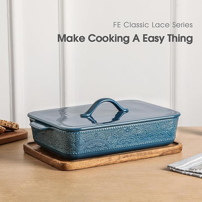 Casserole Dish with Lid, Ceramic 9x13 Casserole Dish for Oven, Rectangular Bakeware, Large Baking Dish with Handles for Holiday Cooking, Roasting, Baking, Oven & Microwave Safe (Blue)