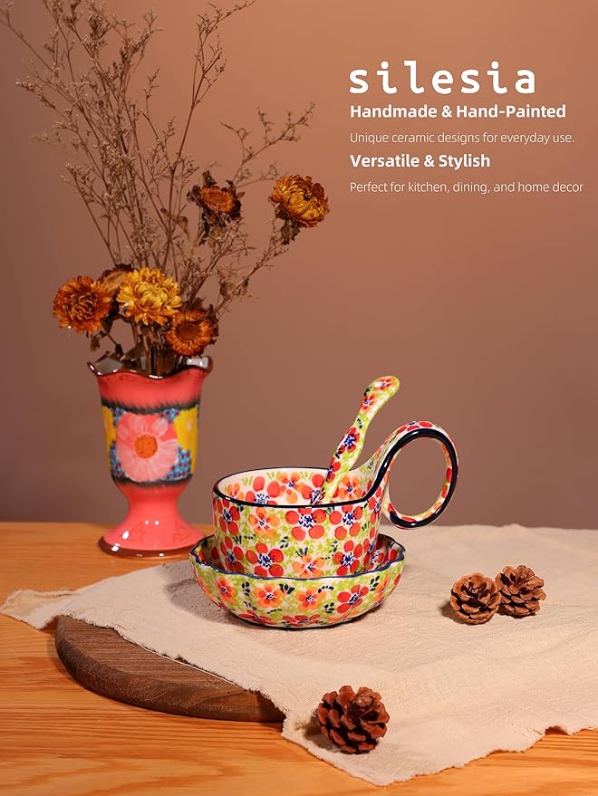 silesia Handmade Loop Handle Soup Bowl, Plate and Spoon Set Ceramic Hand Painted Cereal Bowl Great for Soup, Ice cream, Snack, Stew in Gift Box, Dishwasher & Microwave Safe, Jungle Floral