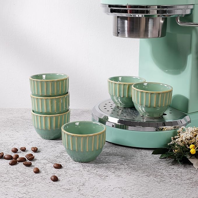 Ceramic Espresso Cups Set, Espresso Coffee Mugs, Special Glazed Demitasse Cups Expresso Coffee Cup for Espresso Machine (6-2oz-Stripe Bronze Green)