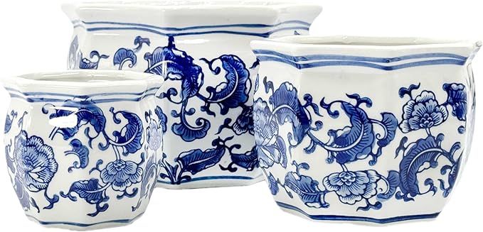 Galt International Blue & White Floral Porcelain Ceramic Decorative Flower Pot 8"/6"/4.5" Garden Pots Chinese Asian Design - Set of 3 Round Bulb Fluted