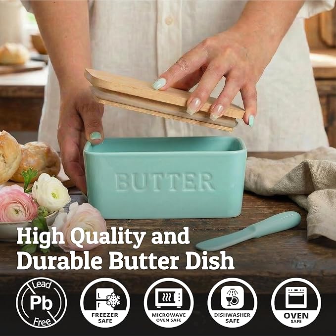 PriorityChef Extra Large Butter Dish with Lid for Countertop, Ceramic Butter Container With Airtight Cover, Butter Keeper for Counter or Fridge, Butter Holder Storage, Cool Green