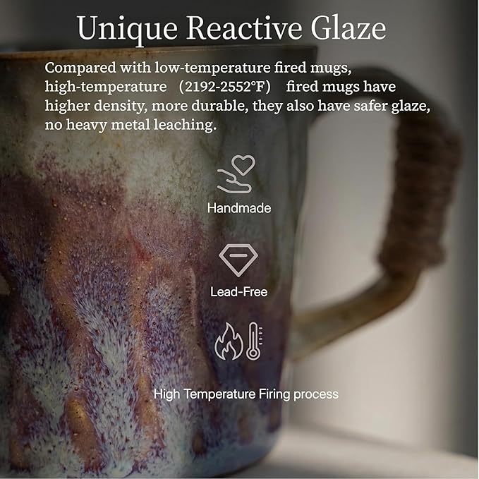 10oz Retro Vintage Japanese Style Handmade Ceramic Tea Cup with Handle, Lead-Free Reactive Glaze Artisanal Coffee Mug, Comfortable handle Handmade Pottery Tea Mug for office and home