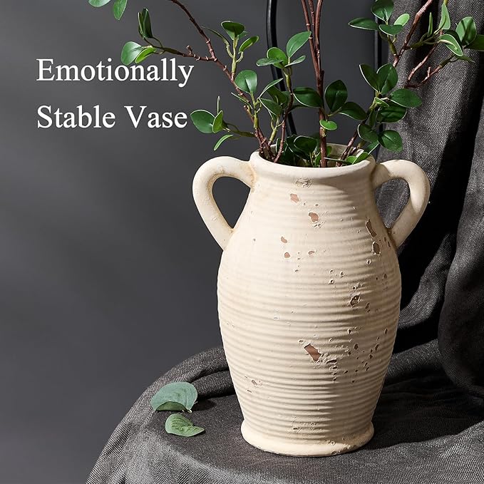 Large Ceramic Rustic Vase with 2 Handles, 9.8 inch Farmhouse Distressed Flower Vase for Home Decor, Living Room, Shelf Decor, Pampas Grass, Enterway, Table Decoration, Gift, White