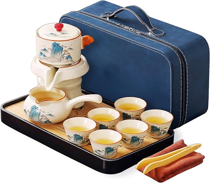Semi Automatic Tea Set Magic Teapot with 6 cups Japanese Teapot Set,Chinese Gongfu Tea Set Ceramic Teapot with Infuser (Jiangshan-Automatic)