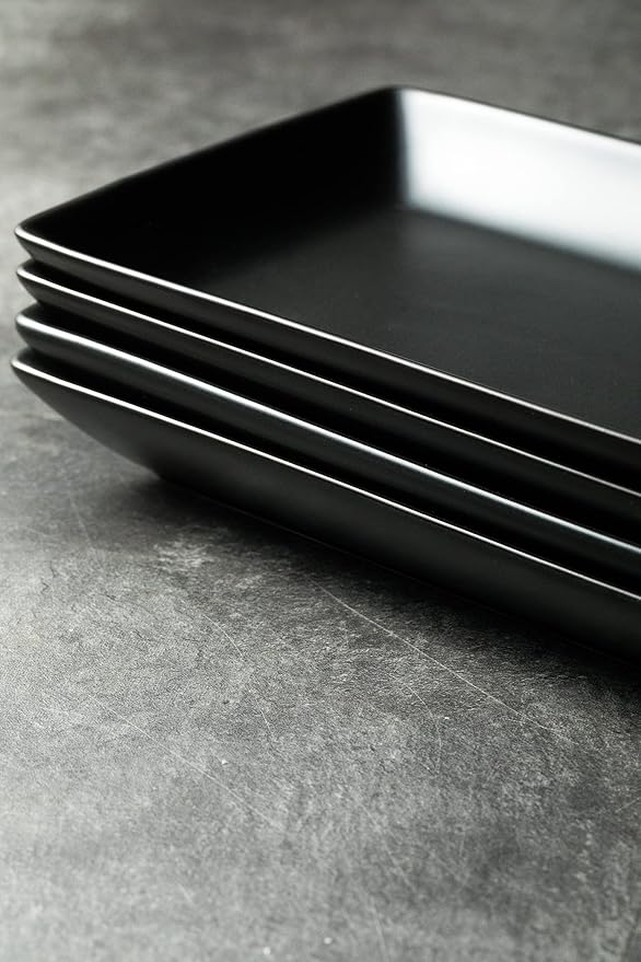 LAUCHUH Serving Platters for Entertaining, Large Rectangular Plates, 14 Inches Porcelain Serving Tray for Halloween, Housewarming, Christmas, Party, Dessert, Sushi and Appetizers, Set of 4, Black