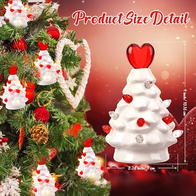 Leinuosen 6 Set Mini 4 Inch Ceramic Valentine's Day Tree Ornament with LED Lights Valentine Tree Hanging Light up Ornaments Pre Lit Hand Painted for Tabletop Home Table Holiday Decor (White, Heart)