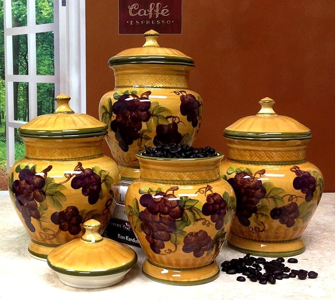 ACK Tuscany Grape Hand Painted Ceramic 4PCs Canister Set with Lid, Kitchen Storage Jar, Food Storage Container, Airtight Storage Container With Rubber Seal