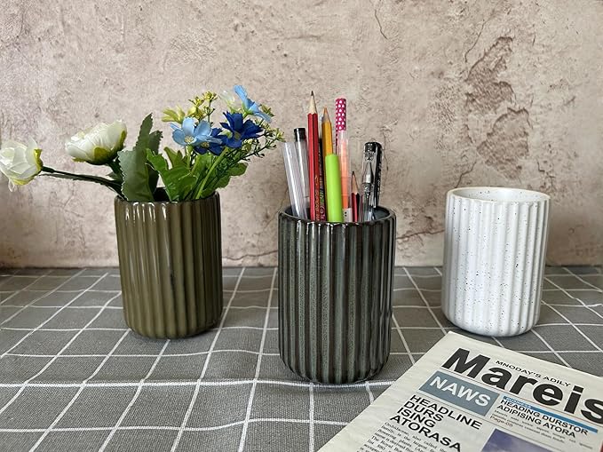 Stoneware Coffee Bar Utensil Holder Tea & Coffee Spoon & Stirrer Holder for Stir Stick Straw Teaspoon Holder Spoon Cup Small Utensil Jar Fluted Vertical Stripe (Spotted White)