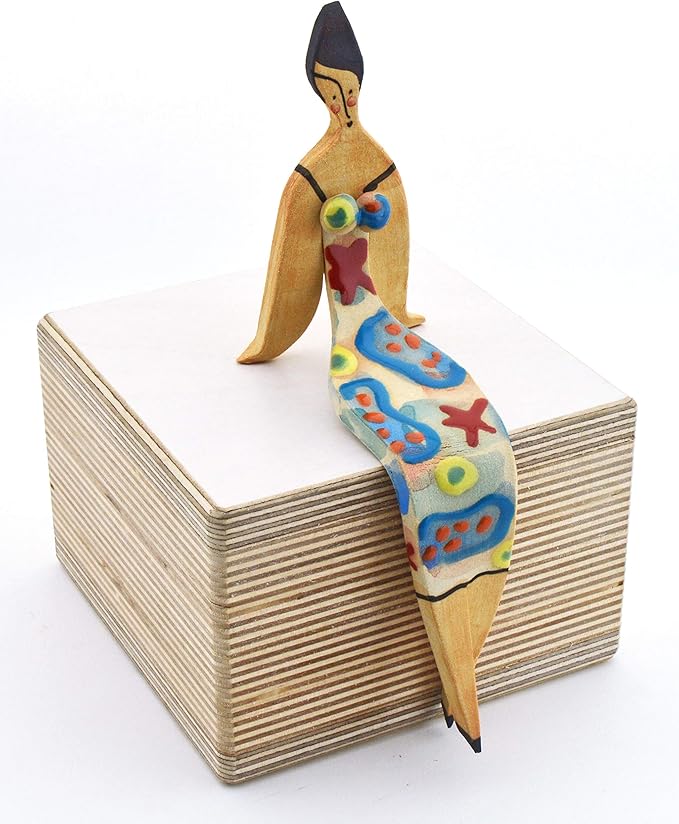 Small Sitting Woman Decorative Ceramic Sculpture Handmade and Handpainted with Multicolored Foc-Art Decoration. 3,94" x 2,36" x 6,69"