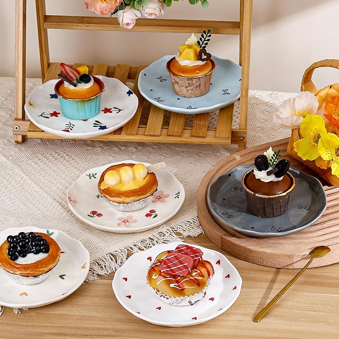 Koythin Ceramic Dessert Plates, Cute Fruits Dinner Plate, Creative Plates Design, Printed Flowers Dinnerware for Office and Home, Kitchen Plates for Desserts (Black Small Bow)