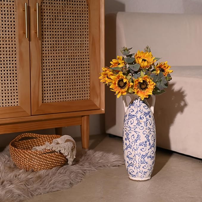 VICTOR & TERESA Blue and White Floor Vase for Pampas Grass, 14'' Tall Vase for Home Decor, Ceramic Farmhouse Decorative Large Vases for Flower, Mantel, Living Room, Shelf, Centerpieces, Gift for Her