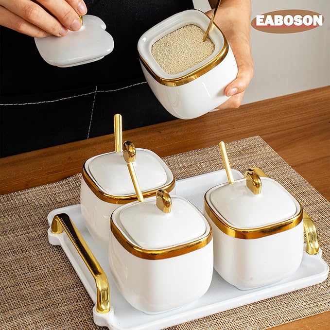 4 Pack Gold Condiment Spice Jars with Lids, Spoons, Tray - Ceramic Seasoning Box Set for Salt, Pepper, Sugar - Kitchen Storage