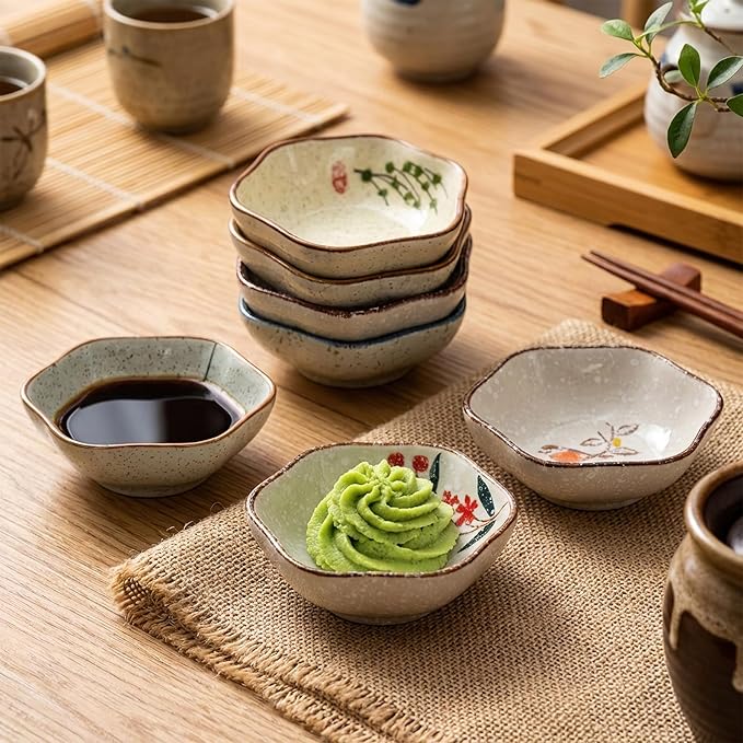 12 Pieces Japanese Sauce Dishes, 4 Oz Ceramic Side Dish Set, Small Flower-shaped Seasoning Soy Dipping Bowl Plate for Sushi, Snack, Appetizer, Kitchen Prep, 6 Patterns
