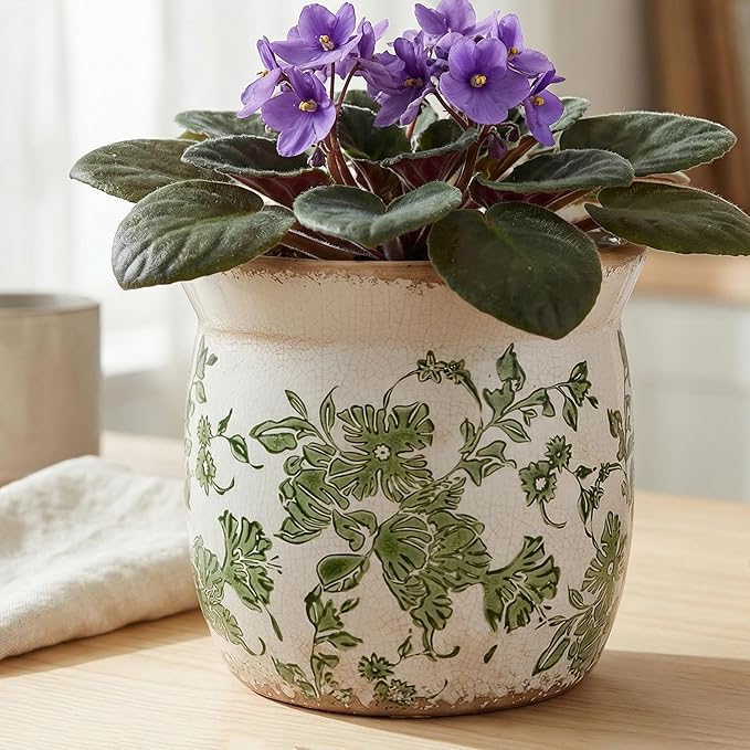 Vintage Farmhouse Ceramic Planter & Kitchen Utensil Holder - 6.21 Inch Tuscan Rustic Plant Pot with Drainage for Indoor/Outdoor Use, Garden & Home Decor, Unique Gift (Green Leaf)