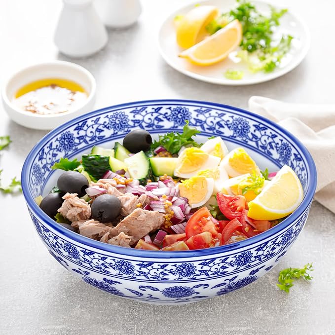 Kichvoe Blue and White Porcelain Bowl 8 Inch Oversize Chinoiserie Noodle Bowl Asian Serving Soup Large Ceramic Ramen for Home and Restaurant