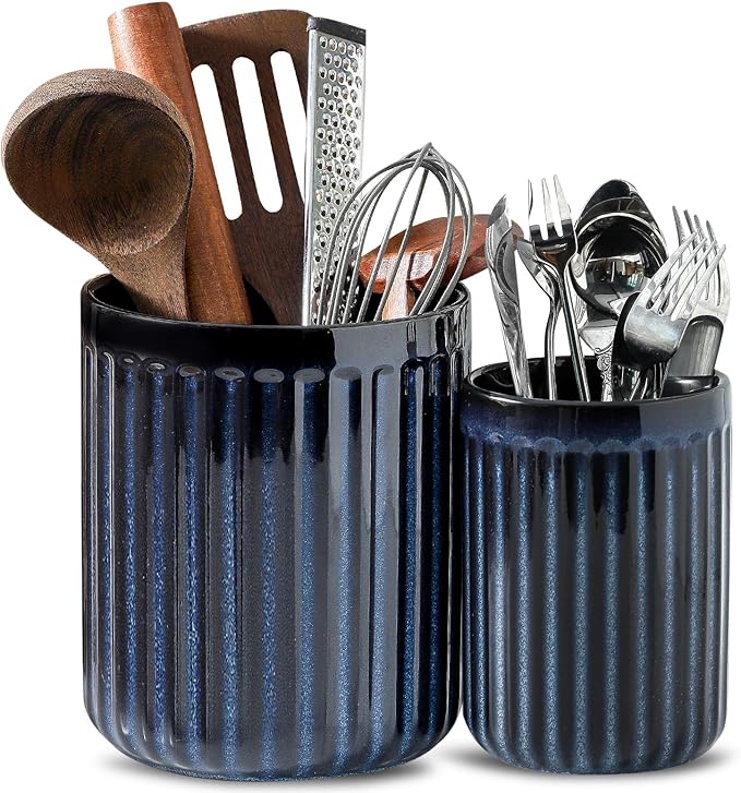 HASENSE Kitchen Utensil Holder,7.3" + 5.7" Cooking Utensil Holder for Kitchen Counter, Large Utensil Crock for Farmhouse Decor, Utensil Storage Organizer for Spatula, Set of 2, Navy Blue
