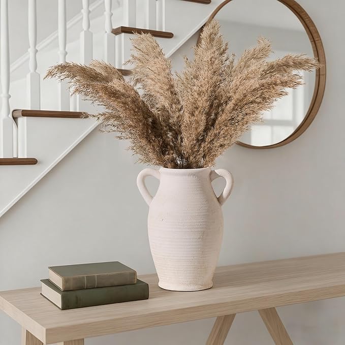 Emotionally Grounded Vase, Vaseking Large Ceramic Rustic Vase with 2 Handles, 9.8 inch Minimalist Decorative Farmhouse Tall Vases for Home Decor, Living Room, Enterway, Table Decoration, Off White