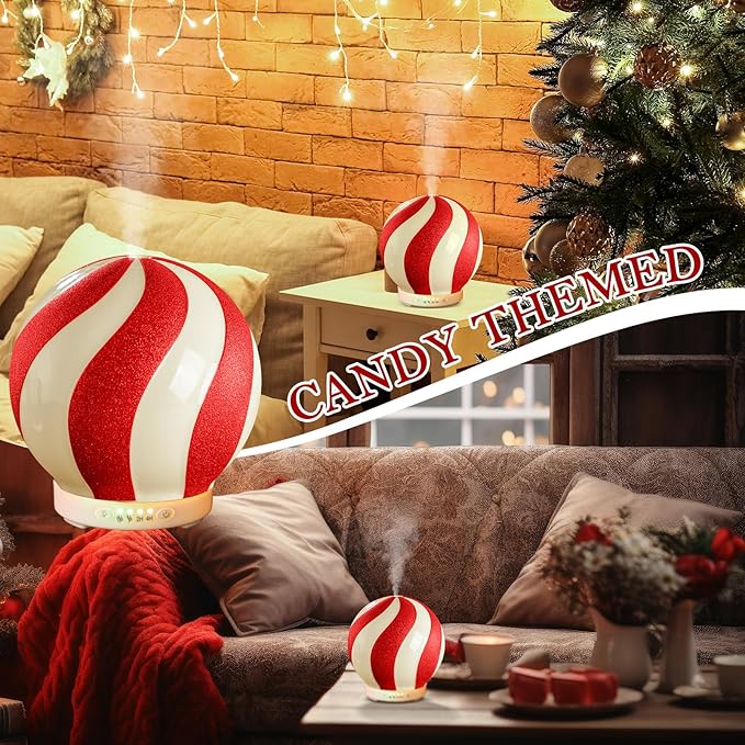 Christmas Essential Oil Diffuser Gift, 120ml Cute Ceramic Candy Cane Aromatherapy Humidifier, Holiday Xmas Home Table Decor, Peppermint Decoration for Home Office, Christmas Stocking Stuffer