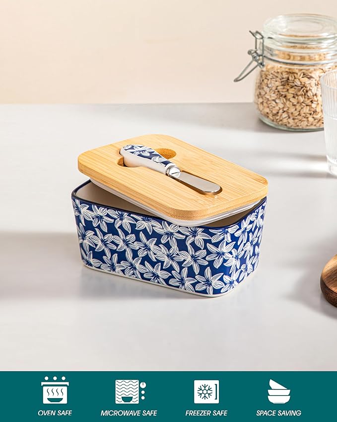 vancasso SELENE Butter Dish with Lid, 6.5" Large Butter Dish for Countertop, Ceramic Butter Keeper Container with Knife and Bamboo Lid, Blossom Cluster Pattern