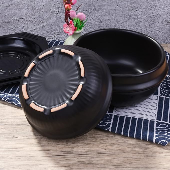 Korean Stone Bowl with Tray - Premium Ceramic Stone Hot Pot for Bibimbap Soup, Stews, and Rice - 37.1 oz Capacity - Dishwasher, Microwave, Oven, and Stovetop Safe