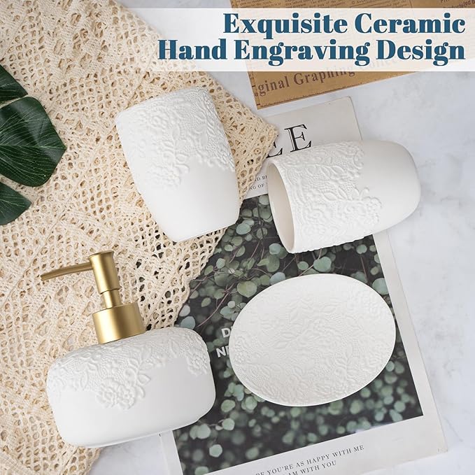 Bathroom Accessories Set, 4pcs Ceramic with Embossed Design Look Sets Bathroom Soap Dispenser with Rust-Proof Plastic Pump 13.5oz & 2Pcs Ceramic Cup, 1Pcs Soap Dish