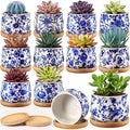 12 Pcs 3" Ceramic Chinoiserie Succulent Plant Pot Blue and White Porcelain Planter with Bamboo Tray Drainage Hole Mini Chinese Flower Jardiniere for Cactus Herbs Home Office Indoor Decor