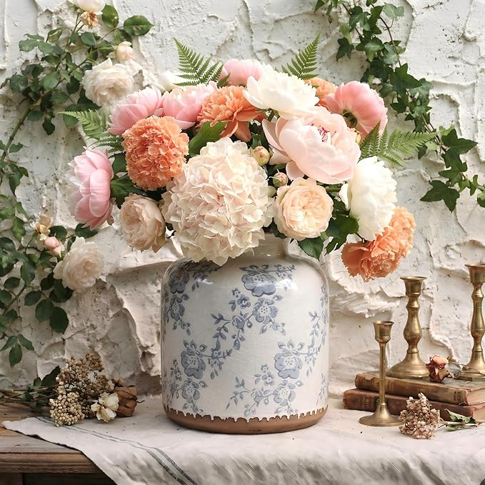 Blue Camellia Chinoiserie Vase, 6.2” Crackled White Ceramic Vase with Antique Distressed Edges, Hand-Painted Vintage Floral Vase for Home Decor, Farmhouse Table Centerpiece (Blue, 6.2")