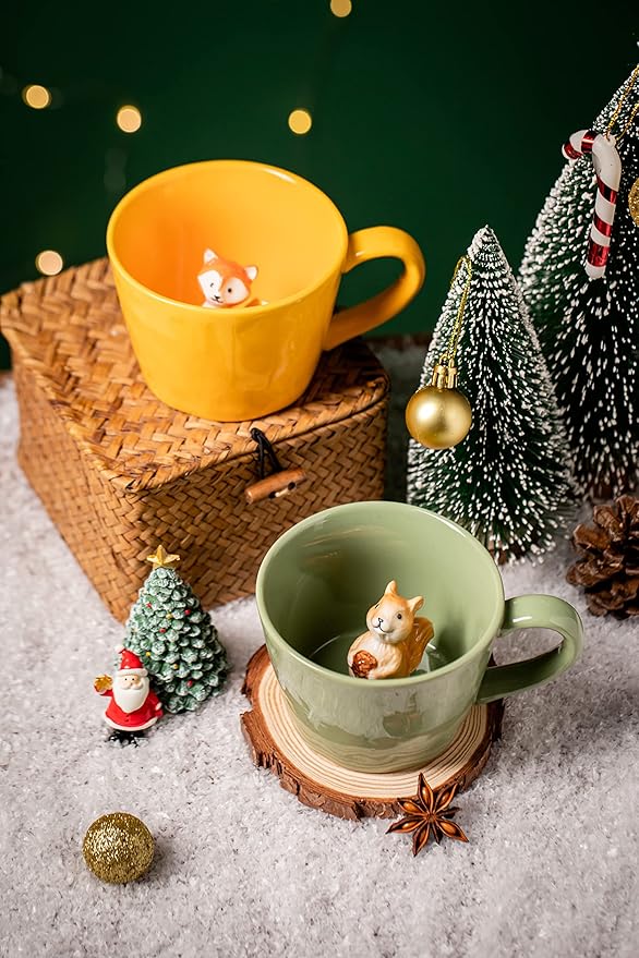 DIHOclub Fox Ceramic Cup Hidden 3D Animal Inside Mug,Cute Cartoon Handmade Figurine Mugs,Holiday and Birthday Gift for Coffee Milk Tea Lovers,12 OZ(Yellow)