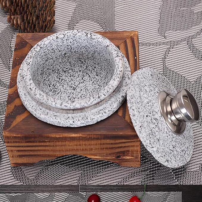 Korean Stone Bowl with Lid, Natural Stone Bowl with Wood Base Thicken Cookware Stone Bowl, Bibimbap Bowl for Korean Soup, Rice and Stew,20cm/7.9inch