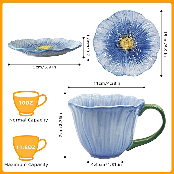 JUSONEY 10 oz Tea Cups and Saucers, Ceramic Flower-shaped Cappuccino Cup, Latte Cup and Saucer set, elegant floral Espresso Cup set, cups are microwave and dishwasher safe-Blue