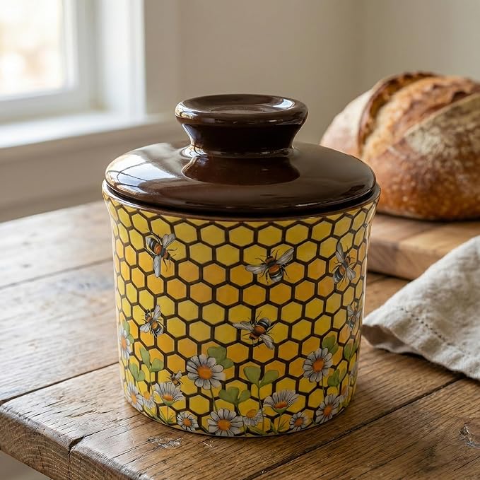 Pottery Butter Keeper Crock - Ceramic Butter Dish with Water Line for Countertop, Keep Butter Fresh-Honey Bee Design