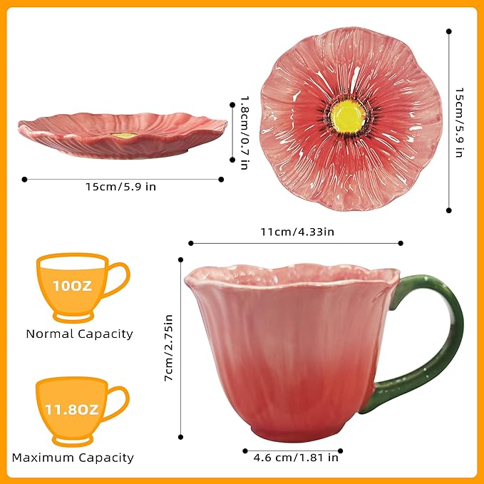 JUSONEY 10 oz Tea Cups and Saucers, Ceramic Flower-shaped Cappuccino Cup, Latte Cup and Saucer set, elegant floral Espresso Cup set, cups are microwave and dishwasher safe-Red
