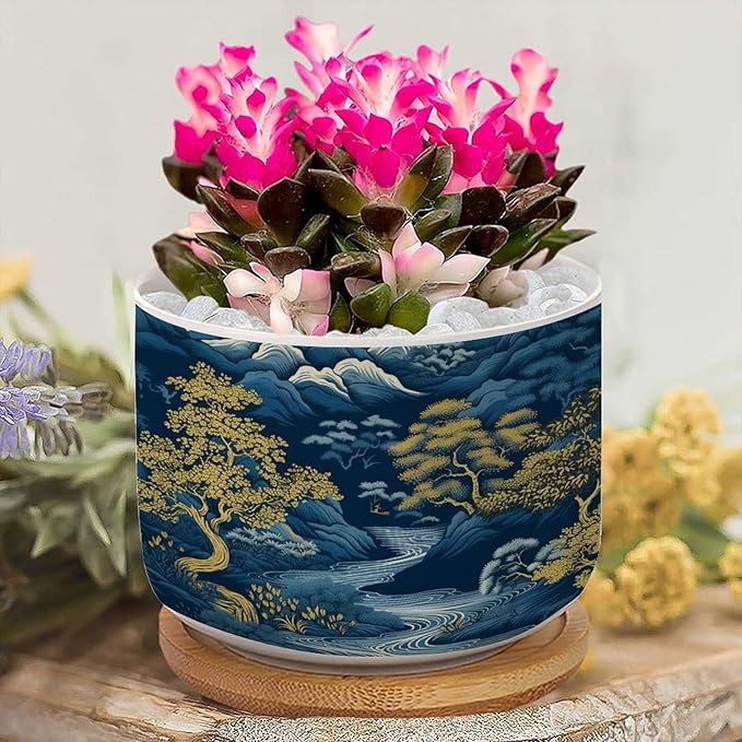 3 Piece Blue Indigo and Gold Asian Scenery Small Ceramics Planters Chinoiserie Chic Asian Succulents Pots with Drainage Bamboo Trays Navy Blue Mountain Ceramics Pots for Plants