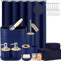 Navy Blue Bathroom Set, Bathroom Accessories Set with Shower Curtain, Bath Towel Set, Blue Shower Curtain Set with Bathroom Trash Can, Soap Dispenser, Soap Dish for Home Decor
