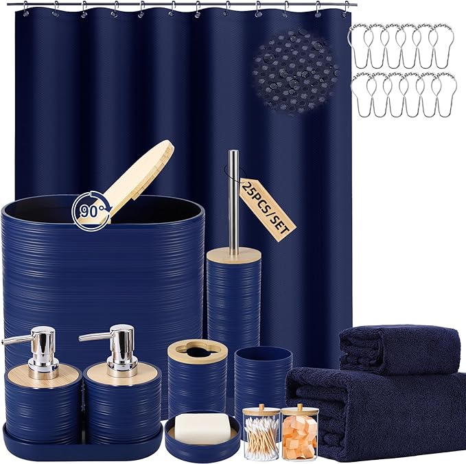 Navy Blue Bathroom Set, Bathroom Accessories Set with Shower Curtain, Bath Towel Set, Blue Shower Curtain Set with Bathroom Trash Can, Soap Dispenser, Soap Dish for Home Decor