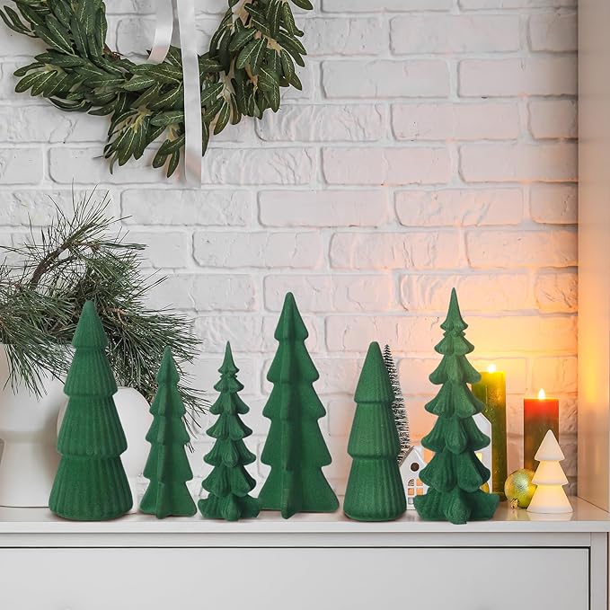 Wesiti 6 Pcs Velvet Ceramic Christmas Trees Figurines 9.84''7.49'' Large Modern Velvet Cones Tabletop Christmas Tree Figurine Green Centerpieces Table for Xmas Holiday Fireplace Farmhouse Decor