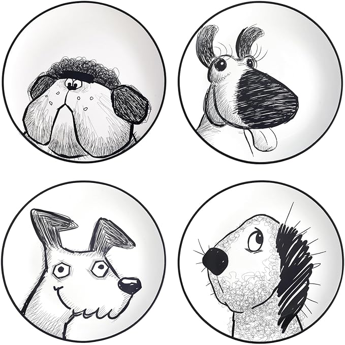 Bico Doodle Pawtrait Salad Plates Set of 4, 8.75 Inch Ceramic Dessert Plates for Salad, Appetizer, Side Dishes, Microwave and Dishwasher Safe, Gift for Housewarming and Thanksgiving