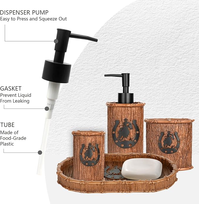Bathroom Accessory Sets 4PCS Bathroom Accessories Set Complete Western Rustic Horseshoes Decoration Includes Lotion Dispenser Toothbrush Holder Tumbler Cup & Vanity Tray