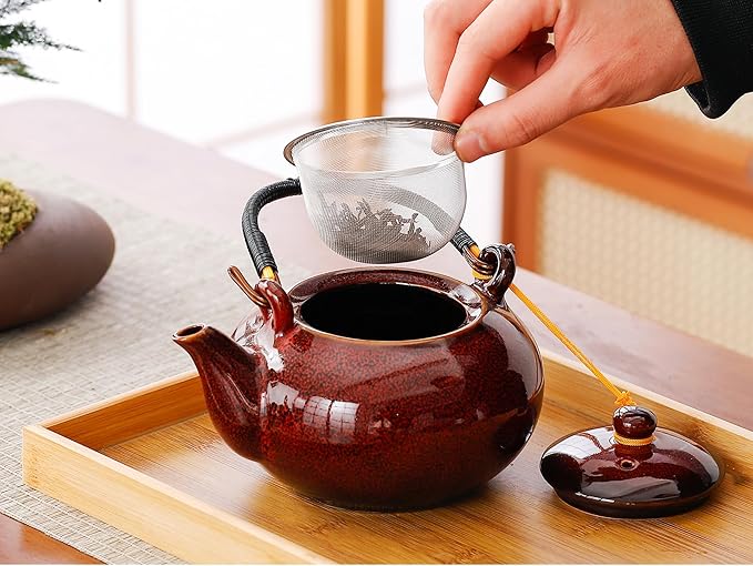 Japanese Tea Set for Adults, Porcelain Kung Fu Tea Set with 1 Teapot (23.5oz/700ml), 6 Tea Cups(4oz/120ml), Tea Tray & Stainless Infuser, Japanese Teapot Set Tea Gift Set (Kiln Altered Red)