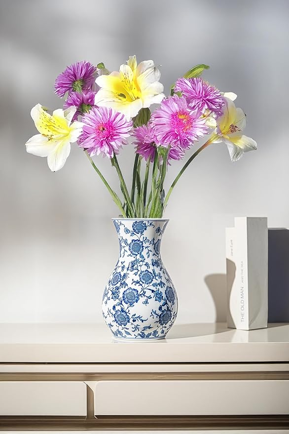 Blue and White Vase, Blue Sunflower Pattern Vase, Chinoiserie Vase, Blue and White Ginger Jar Vase for Home Decor,Flower Vase, Blue and White Porcelain Décor,11" H