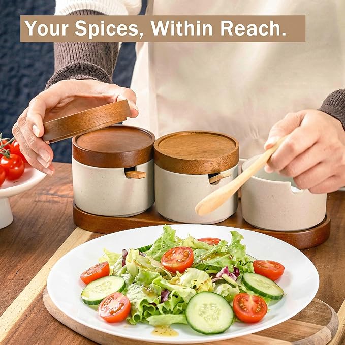 3-Pack Ceramic Spice Jars with Spoons & Acacia Wood Lid - Sugar Container, Salt and Seasoning Containers on Wooden Tray for Kitchen, Dining Table, Coffee Bar