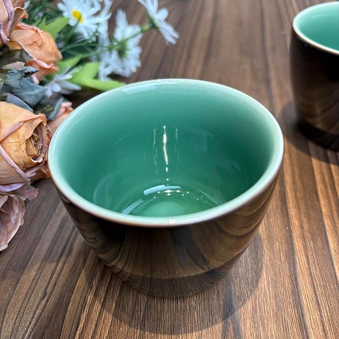 Ceramic Tea Cup, Black Exterior with Green Interior, Glossy Glaze Finish, Handleless Design, for Tea and Coffee