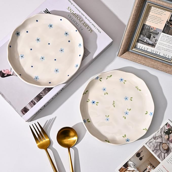 Koythin Ceramic Dessert Plates, Cute Fruits Dinner Plate, Creative Plates Design, Printed Flowers Dinnerware for Office and Home, Kitchen Plates for Desserts (Blue Flowers)