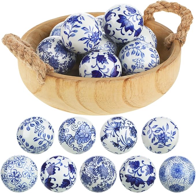 Vesici 9 Pcs Blue and White Porcelain Balls Decorative Chinoiserie Orbs for Centerpiece Bowls China Ceramic Balls Farmhouse Basket Tray Vases Decoration Gifts for Dining Table Holiday(Classic Style)